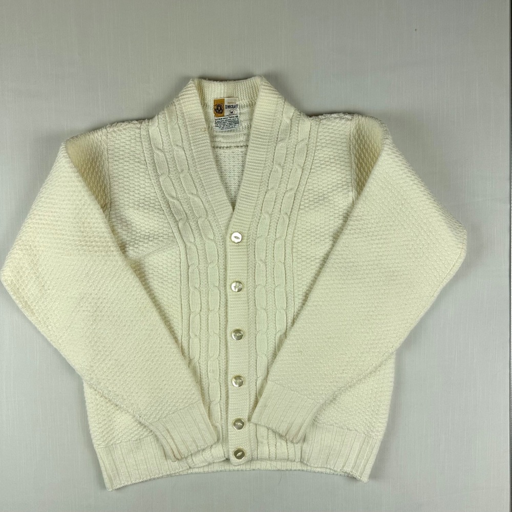 Vintage Penneys Towncraft Cream Cable Knit Shawl Collar Cardigan Sweater Mens M